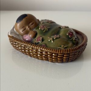 VTG Chinese Majolica Pottery Mudman Figurine Baby Sleeping Stamped Chinoiserie